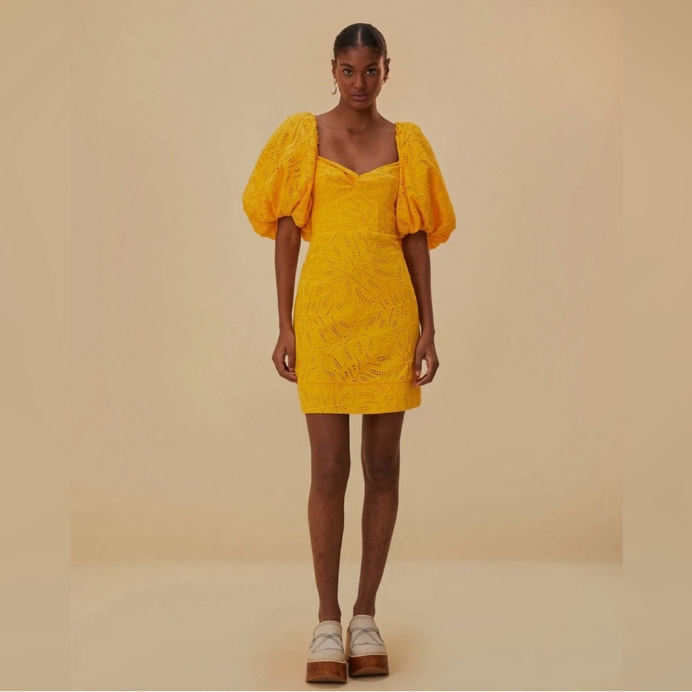 Farm Rio Yellow Monstera Eyelet Short Sleeve Mini Dress S